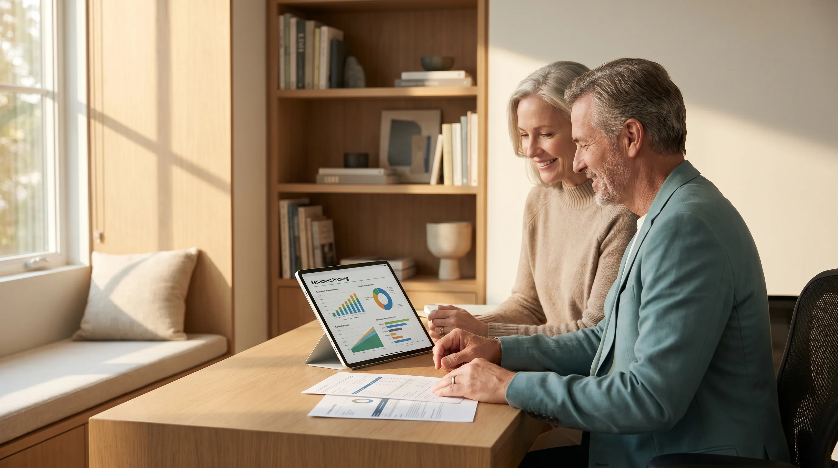 Physician couple reviewing retirement projections on a tablet